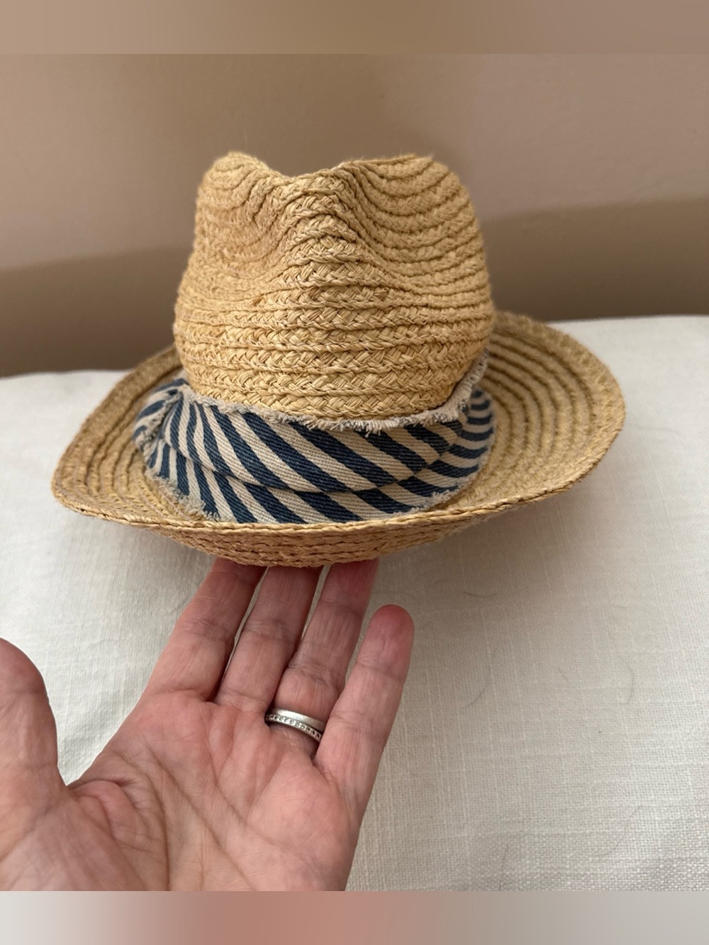 Hatattack women’s Straw Fedora Hat with Navy Stripe Band